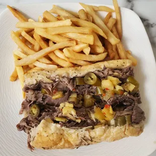 Italian Beef, hot peppers and fries.