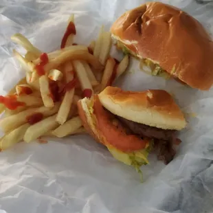 a hamburger and french fries