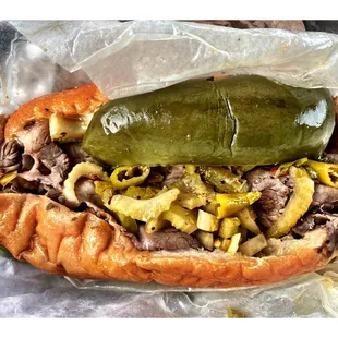 Classic Italian Beef Sandwich w/Sweet,Hot Peppers &amp; Cheese and Deep.Mr.Beef.Chicago, IL Old School Chicago Fast Food Place.Cool!