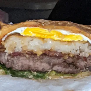 Side cut view of the Brunch burger  bacon is on there!!!