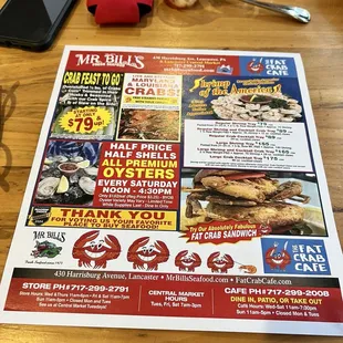 Special's on back of menu