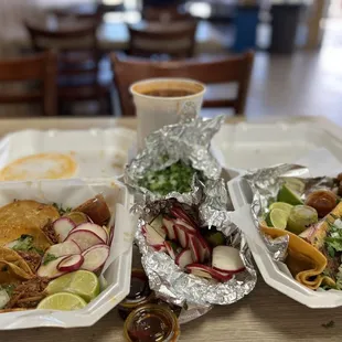 Birria Ramen &amp; 2 Quesa Taco Combo (left &amp; center) / Bone Marrow (right)