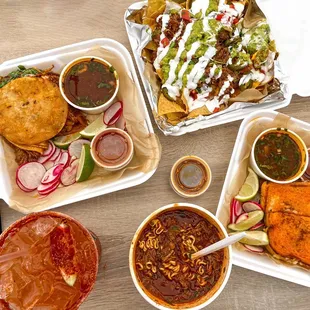 Trio combo, birria nachos, Michaelda, birria ramen, birria grilled cheese