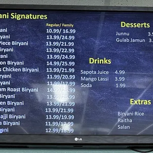 a menu on the wall