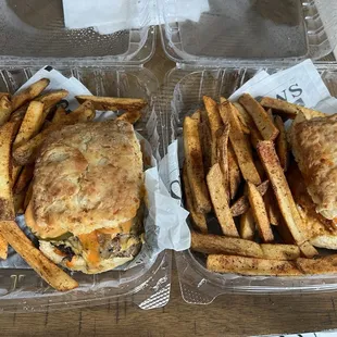 Smash burger w/ fries and Chicken sandwich w/fries