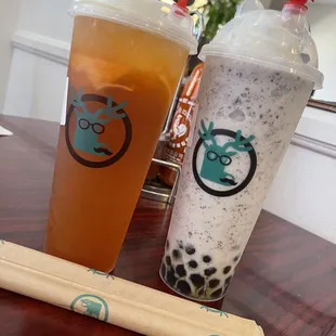 Oreo shake with regular boba, grapefruit ice green tea sweet