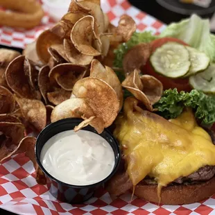 Cheeseburger with homemade chips and beer cheese.
