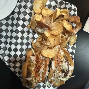 House made chips, burger on fry bread.