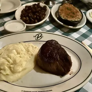 12oz Mr B&apos;s Filet Mignon Yukon Gold Potato Purée Creamed Spinach with Garlic Breadcrumbs Roasted Button Mushrooms