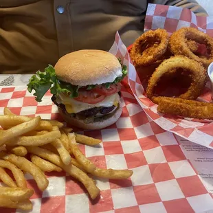 Haley Burger with fries onion rings!