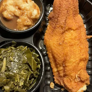 Catfish, greens, mashed potatoes