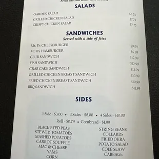 Sandwiches and sides menu
