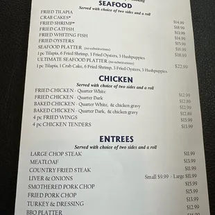 Seafood, Chicken, Entrees Menu