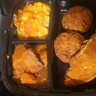 Yams, catfish, macaroni and cheese, and crab  cakes