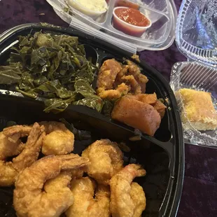 Lunch, shrimp, college greens and yams with a side of cornbread delicious!