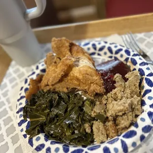 My husband just stopped by Mr b&apos;s soul and I got the fried chicken, greens , and dressing delicious