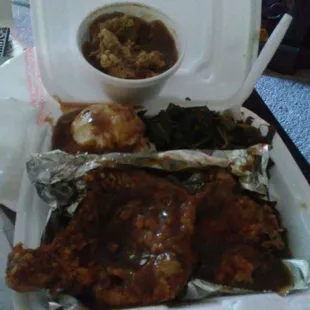 Smothered pork chops,collard greens,mashed potatoes w/ gravy &amp; a side order of dressing