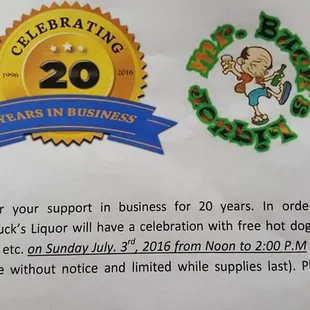 Wow...Mr. Buck's is celebrating their 20th anniversary in business!!