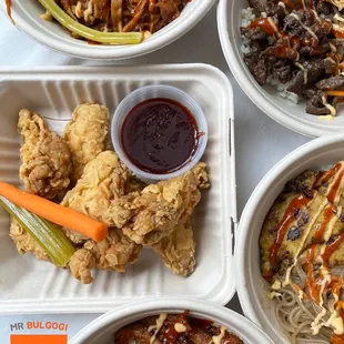 K-town fried chicken wings, bulgogi bowl, spicy pork bowl,Chicken bowl and Tofu bowl