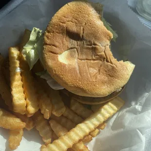 Double cheeseburger with seasoned fries. Yummy.