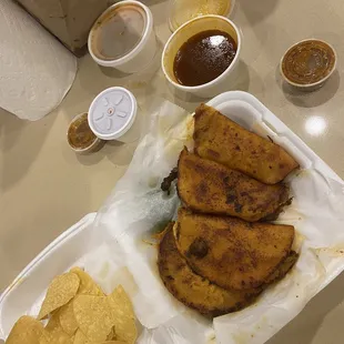 Quesa birria- I ordered 2. Came with cilantro, onions, &amp; lime. Also chips and salsa. Very good
