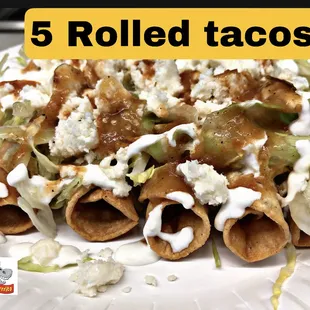 Enjoy 5 rolled tacos with fresh lettuce, fresh cheese, sour cream and sauce (Hot &amp; middle). &quot;shredded beef or chicken&quot;.

916.942.9979