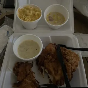 Chicken fried chicken, Mac and cheese (heaven in a cup) and sweet corn- Jesus it&apos;s good