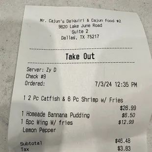 Receipt. Did not receive Shrimp. Menu price is less than what I was charged.