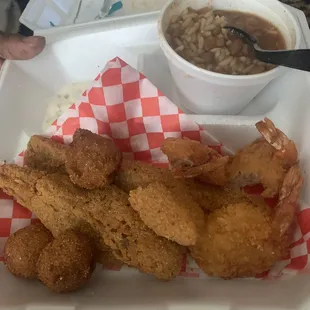 Fried catfish/shrimp, red beans/rice, and hush puppies