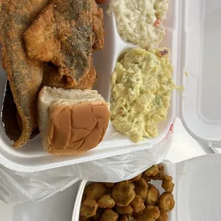 Fish. Chicken. Potato salad. Cole slaw. Fried okra.