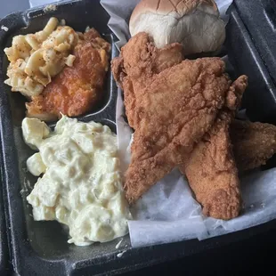 Fish (whiting) and chicken plate with potato salad and Mac and cheese