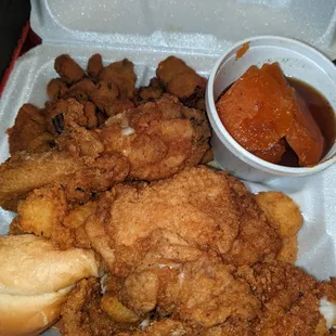 All American with catfish. Fried okra and candied yams as sides.