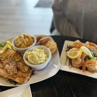 Salmon w/ Potato Salad and Mac and Cheese w/ 6 Grilled Shrimp