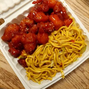 Boneless ribs, honey chicken, and chow mein