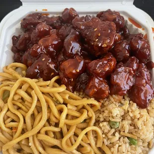 Boneless ribs, chow mein, and fried rice