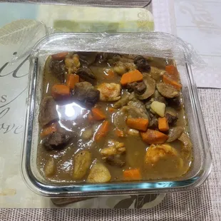 Chicken curry, fish balls, carrots, beef balls