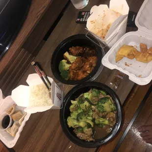 Beef Broccoli, Crab Rangoon, Steamed Dumplings