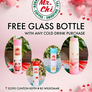 Happy Monday. We still giveaway Free Glass Bottle with any drink purchased... available only at Wildomar location...
