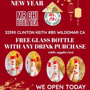Free Glass Bottle with any drink purchase...only on Wednesday Jan 29th,2025