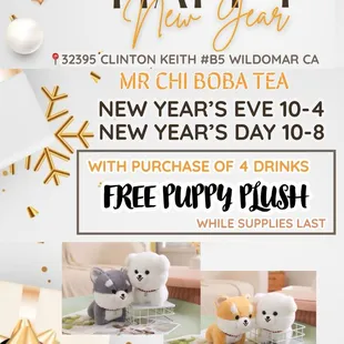 We open on New Year's Eve from 10 to 4 and New Year's Day from 10 to 8...