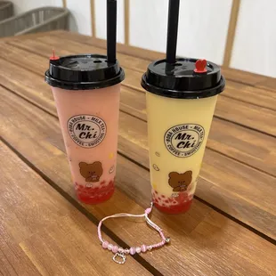 Strawberry slushy and mango smoothie. With popping strawberry boba.