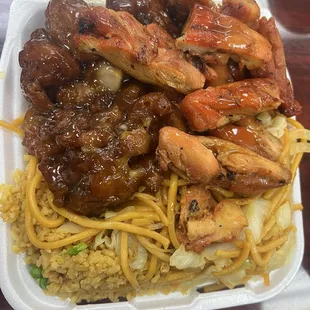 Orange chicken, BBQ chicken, rice and chow mein