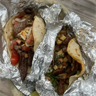 Left is the Beef Fajita Taco on flour. Right is the Pastor Taco on corn
