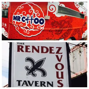 a double decker bus and a restaurant sign