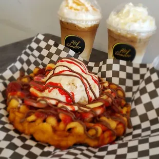 Supreme funnel cake w/ 3 leches ice cream, horchata iced latte and caramel ice latte