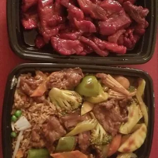 Szechuan beef and BBQ&apos;d pork!