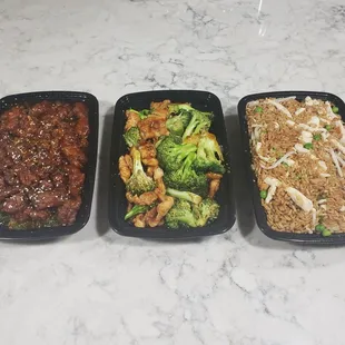 Sesame Beef, Chicken &amp; Broccoli, Chicken Fried Rice