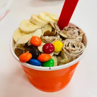 Cup of Monkey Business Ice Cream Roll - with banana, almonds and m&amp;m&apos;s
