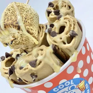 three scoops of ice cream with chocolate chips