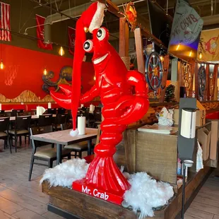 a lobster statue in a restaurant